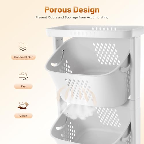 TFCFL 3-Tier Laundry Hamper Sorter Laundry Basket with Wheels, Rolling Laundry Hamper Cart with Wheels, Removable Rolling Laundry Baskets, Bathroom Cart for Dirty Clothes