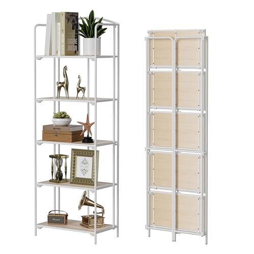 Crofy No Assembly Folding Bookshelf for Living Room, 5 Tier White Collapsible Book Shelf for Home Office, Portable Bookcase Storage Organizer - color: White Frame & White Oak Shelf, size: 5 Tier