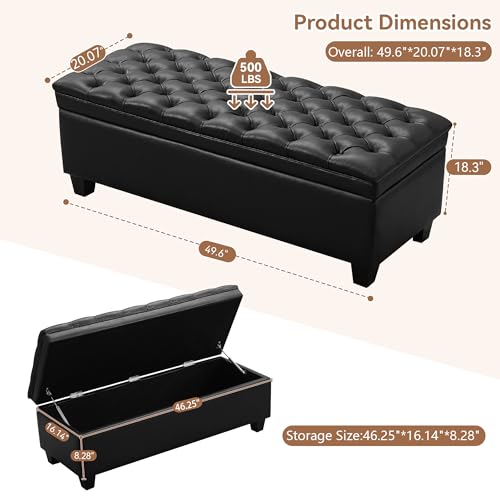 WUTUTUEE 50" Faux Leather Storage Ottoman Bench, End of Bed Upholstered Rectangle Storage Ottoman Tufted Living Room Bedroom Bench with Safety Hinge, Solid Wood Legs, Loads 500 lb(Black) - color: Black