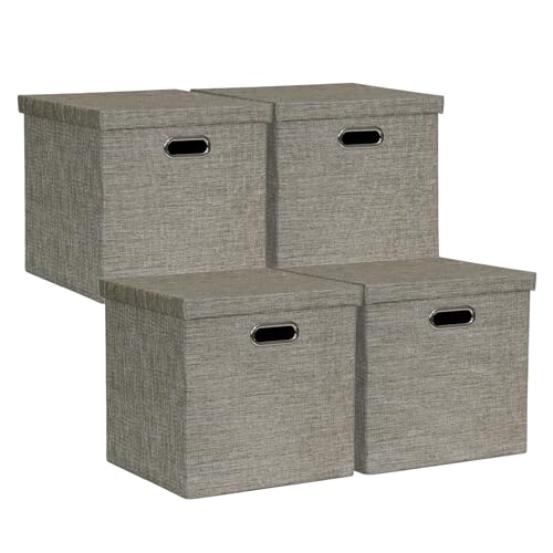 Posprica Storage Bins with Lids,13×13×13 Foldable Storage Cube Baskets Boxes Fabric Drawers for Closet Shelf Cabinet Bookcase,Set of 4,Coffee - color: Coffee, size: 13×13×13/4pcs with lids
