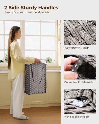 Greenstell Laundry Hamper with Wheels, No Install Needed, 90L Divided Handwoven Hampers & 2 Removable Liner Bags, Rattan Clothes Laundry Basket with Lid & Handles, Foldable Hampers Gray 18x13x26.4 In - color: Gray, size: 90L: 18.3x13.5x26.4 Inches