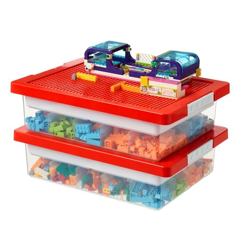 MACOPRO Toys Storage Organizer Box for Lego, Toy Box with Building Plate Lid and Removable Tray, Building Block Storage, Stackable Plastic Organizer Bins (LGB2-RR) - color: LGB2-RR