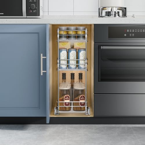 ROOMTEC Pull Out Spice Rack for Narrow Cabinet (8" W X 20½" D),3 Tier Heavy Duty Sliding Spice Cabinet Organization Shelf Racks, Pull Out Shelves Under Cabinet Storage for Kitchen - size: 8" W x 20½" D, 3 Tier, Heavy Duty