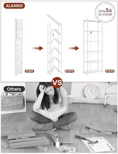 ALANNG 73.6 Inch Folding Bookshelf, 6 Tier Metal Bookcase and Bookshelves, Tall Shelves for Living Room Office Bedroom, Heavy Duty Book Shelve Free Standing Open (White, 1PACK) - color: White