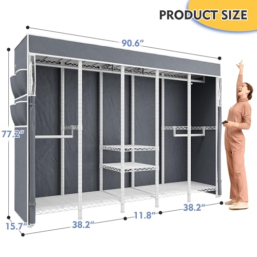 Raybee 90.6" W Extra-Large Clothes Rack with Cover, Freestanding Clothing Racks for Hanging Clothes, Heavy Duty Closet Organizer System, Portable Wardrobe Closet, Adjustable Garment Rack, White - color: White, style: WITH COVER