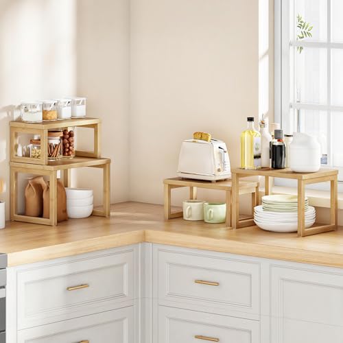 HOOBRO Cabinet Organizer Shelf, Set of 4 Kitchen Counter Shelves, Expandable Kitchen Storage, Stackable Bamboo Spice Rack, for Countertop, Office Desk, Living Room, Natural YL20TLP201 - color: Natural