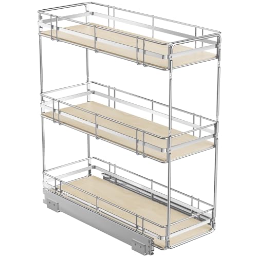 ROOMTEC 3-Tier Pull Out Cabinet Organizer Spice Rack for Narrow Cabinet 9" W x 20½" D, Slide Out Wood Shelves Storage for Kitchen - size: 9" W x 20½" D, 3 Tier, Wood Shelves
