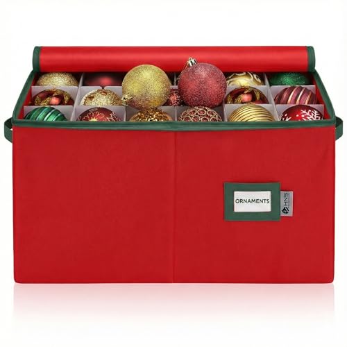 Christmas Ornament Storage Container with Dividers - Box Stores Up to 54 Ornaments, Zippered, Convenient, Adjustable, Large Organizer Bin to Protect Holiday Décor, Fits Most Standard Size, Red - color: Red, size: 54 Ornaments