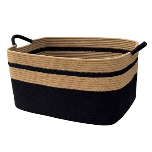 large laundry basket woven from natural cotton rope with handles storage blankets for living rome big decorative quilted baskets for clothes toys pillows hamper 22"x14.6"x12" black - color: Black, size: 62L 22"x14.6"x12"