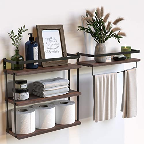 RICHER HOUSE 3+1 Tier Wall Mounted Floating Shelves Set of 2, Rustic Wood Wall Shelf with Metal Frame, Extra Storage Rack for Bathroom, Kitchen, Bedroom with Tissue Rack & Towel Bar - Rustic Brown - color: Rucstic Brown, size: 3+1 Tier Size