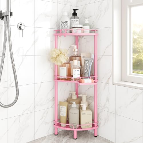 ELYKEN Corner Shower Caddy Standing, 3 Tier Rustproof Metal Shower Organizer with Soap Holder, Floor Shower Corner Shelf Rack Storage Stands with Adjustable Feet & 2 Hooks for Bathroom, Pink - color: Pink, size: 3 Tier