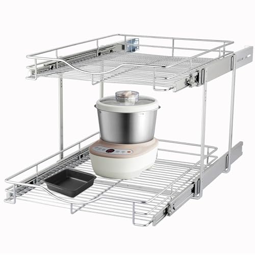 DINDON 2 Tier Pull Out Cabinet Organizer (20" W X 21" D), Double Tier Wire Basket Slide Out Shelf Storage for Kitchen Base Cabinet Organization for Kitchen, Pantry, Bathroom, Chrome - size: 20'' W X 21'' D