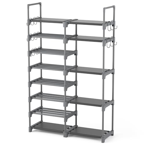 ROJASOP Shoe Rack, Shoe Storage Organizer for Closet Entryway Garage Bedroom, 8 Tier Tall Metal Shoe Shelf for 26-32 Pairs Boots & Shoes, Adjustable Shoe Stand for Small Space - color: Grey