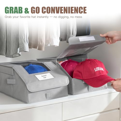 Hat Organizer for Baseball Caps, 4 Pack Stackable Hat Storage Boxes with Clear Window, Holds up to 56 Caps, Foldable Hat Organizer for Closet & Shelf, Grey
