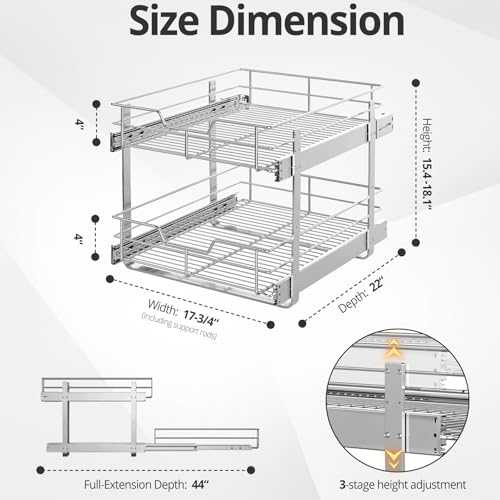 ZOINLIY Pull Out Cabinet Organizer, Versatile Slide Out Kitchen Organizers and Storage,Heavy Duty Drawer Cupboard Storage Basket, Smooth Sliding, Chrome Finish (2-Tiers-17¾''W×22“D) - size: 2-Tiers 17¾''W×22“D