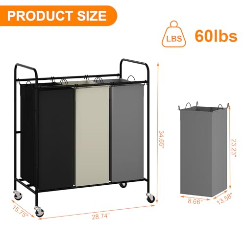 3 Section 3x40L Laundry Sorter Cart, Heavy Duty Laundry Basket with Lockable Wheels, 120L Large Rolling Laundry Hamper with Removable Bags for Dirty Clothes Storage