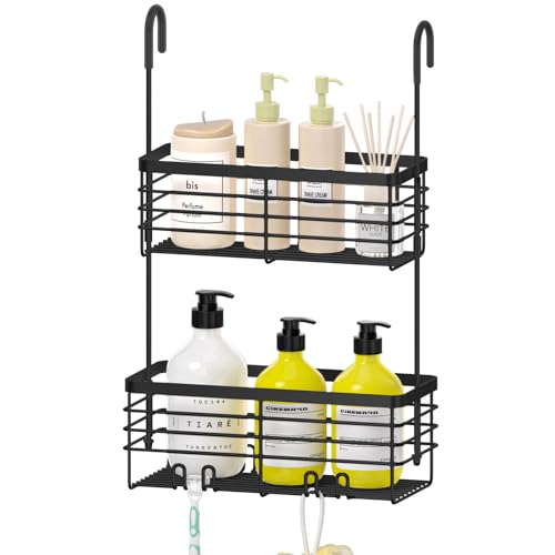 DELLAN 2-Tier Shower Hanging Caddy, Shower Rack with Hooks Over the Door, Stainless Steel Hanging Orangizer and Basket (Black) - color: Black, size: 2-Tier 11"D x 4.7"W x 4.1"H