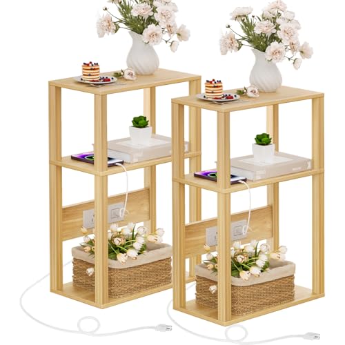 YUFAM 3 Tier Small Narrow Bamboo Side Table Set of 2 with Charging Station - Skinny Nightstand for Small Spaces, Slim Bedside Table with USB Ports and Outlets - Thin End Table with Storage, Natural - color: Natural, size: 2 Pack