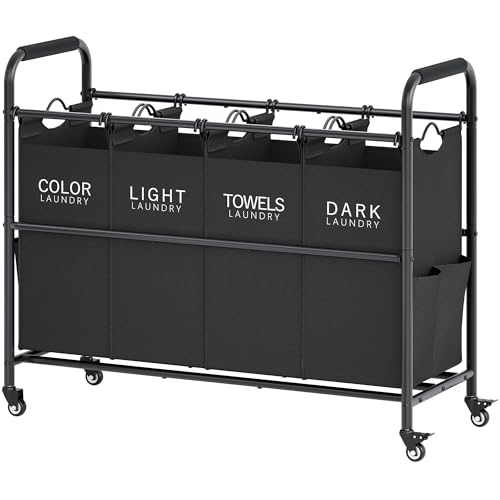 Tajsoon 4 Bag Laundry Sorter Cart, 4 Section Laundry Hamper Sorter with Heavy Duty Lockable Rolling Wheels, Laundry Separator Hamper with Removable Bags for Dirty Clothes Storage, Black - color: Black