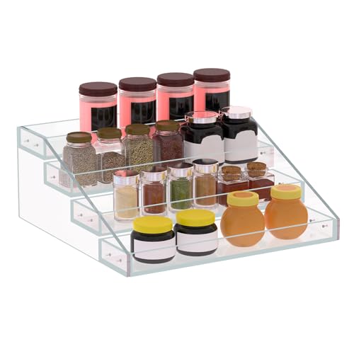 PMMASTO Widen Tiered Spice Rack, Seasoning Organizer, Clear Acrylic Vertical Shelves Can Organizer for Countertop, Cabinet, Pantry, Kitchen Organization and Storage - 4 Tier - size: Widen 4 Tier - inner width 3''