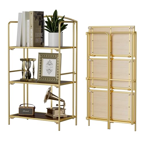 Crofy No Assembly Folding Bookshelf for Living Room, 3 Tier Gold Collapsible Book Shelf for Home Office, Portable Bookcase Storage Organizer - color: Gold Frame & Walnut Shelf, size: 3 Tier