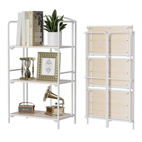 Crofy No Assembly Folding Bookshelf for Living Room, 3 Tier White Collapsible Book Shelf for Home Office, Portable Bookcase Storage Organizer - color: White Frame & White Oak Shelf, size: 3 Tier