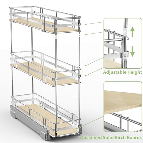 ROOMTEC 3-Tier Pull Out Cabinet Organizer Spice Rack for Narrow Cabinet 6" W x 20½" D, Slide Out Wood Shelves Storage for Kitchen - size: 6" W x 20½" D, 3 Tier, Wood Shelves