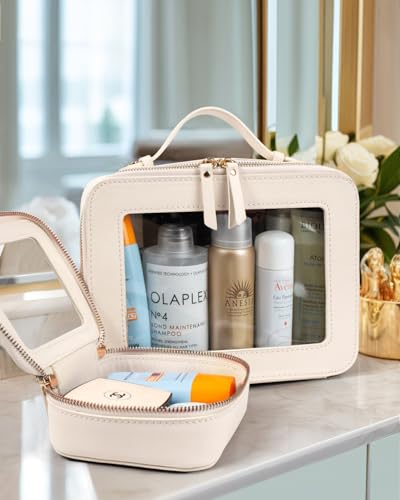 LETGO Clear Makeup Bags Set - TSA Approved Toiletry Bag with Handle Large Opening, Clear Toiletry Bags Case Pouch for Traveling Travel Car Orangizer Storage Essentials(Mini+Large Beige) - color: 0-Large+Mini-Beige