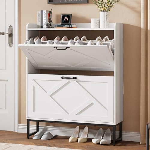 Nicetree Shoe Storage Cabinet with 2 Flip Drawers, Freestanding Shoe Organizer, Shoe Cabinet with Metal Legs, Narrow Shoe Rack Cabinet, Farmhouse Slim Shoe Cabinet for Entryway, Foyer, Hallway, White - color: White, style: 2-Drawers