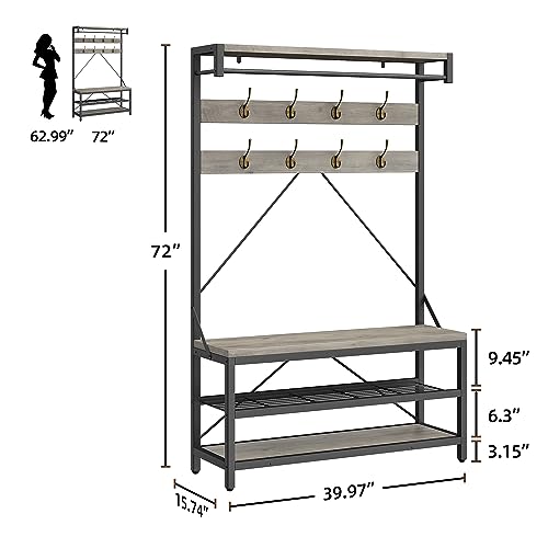 39.9" Industrial Hall Tree Coat Rack, with Bench & Shoe Storage, Entryway Organizer with 8 Sturdy Hooks & Hanging Bar, Large Shoe Rack with Storage Shelf, Steel Frame, Farmhouse Wood Look Accent, Grey