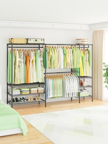 Ulif E11 Heavy-Duty Garment Rack, Metal Freestanding Clothes Rack and Closet Storage Organizer System with 8 Shelves and 4 Hanger Rods, (73.2-97.6)" W x 14.5" D x 71.2" H, Load 1034 LBS, Black - color: Black