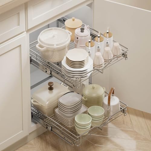 DINDON 2 Tier Pull Out Cabinet Organizer (17" W X 21" D), Double Tier Wire Basket Slide Out Shelf Storage for Kitchen Base Cabinet, Chrome Finish - size: 17'' W X 21'' D