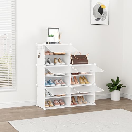 Shoe Rack Organizer 12 Tier Shoe Storage Cabinet with Door 96 Pair Tall Shoes Rack Expandable Free Standing Sturdy Plastic Easy Assembly Shoes Shelf for Closet Entryway Bedroom Hallway White - size: 48" Wide-96 Pairs