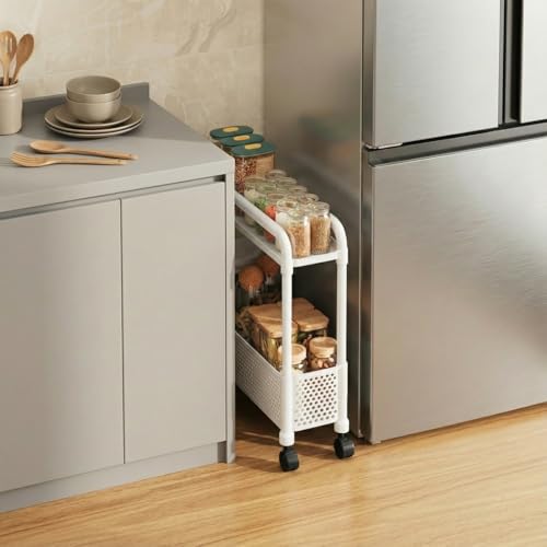 Slim Storage Cart, Kitchen Gap Storage, Multi-Layer Organizer with 360° Swivel Wheels for Kitchen Bathroom (White,2 Tier) - color: White, size: 2 Tier