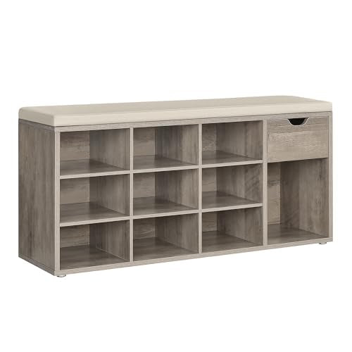 VASAGLE Custos Collection - Storage Bench, Entryway Bench with Cushion, Drawer and Open Compartments, Bench with Storage, Living Room, Bedroom, Closet, Heather Greige and Cappuccino Beige ULHS024K02 - color: Heather Greige + Cappuccino Beige