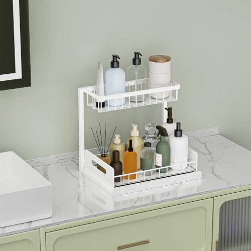 VUSIGN Under Kitchen Sink Organizer 2 Tier, Pull Out Bathroom Sink Organizers and Storage, Cabinet Kitchen Bathroom Storage Organization Shelf, 2 Pack White
