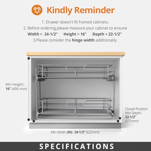 ZOINLIY Pull Out Cabinet Organizer, Versatile Slide Out Kitchen Organizers and Storage,Heavy Duty Drawer Cupboard Storage Basket, Smooth Sliding, Chrome Finish (2-Tiers-24¼''W×22“D) - size: 2-Tiers 24¼''W×22“D
