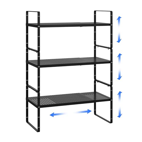 Expandable Cabinet Shelf Organizer Adjustable Metal Spice Rack Stackable Freestanding Counter Storage Shelves for Kitchen Cabinet Under Sink Office Desk (Black - 3Pack - L16.5-27'' * W10.2'' * H9.6'') - color: Black - 3pack - L16.5-27'' * W10.2'' * H9.6''
