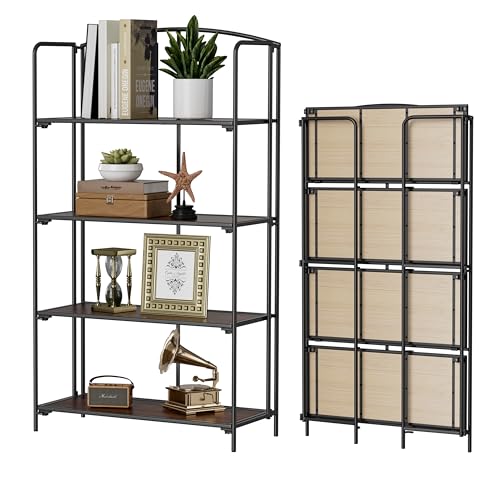 Crofy No Assembly Folding Bookshelf for Living Room, 4 Tier Black Collapsible Book Shelf for Home Office, Portable Bookcase Storage Organizer - color: Black Frame & Walnut Shelf, size: 4 Tier Wider