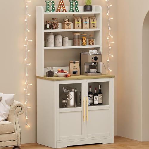 IDEALHOUSE Bakers Rack With Storage Cabinet, Microwave Stand With Power Outlets, Farmhouse Bakers Rack With Thick Table Top, Small Kitchen Pantry for Kitchen,Dining Room,White & Peer Wood - color: White & Peer Wood, size: with 2 Glass Door