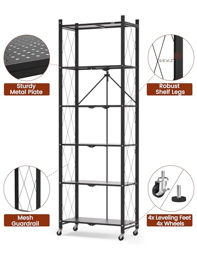 ALANNG 73.6 Inch Folding Bookshelf, 6 Tier Metal Bookcase and Bookshelves, Tall Shelves for Living Room Office Bedroom, Heavy Duty Book Shelve Free Standing Open (Black, 1PACK) - color: Black