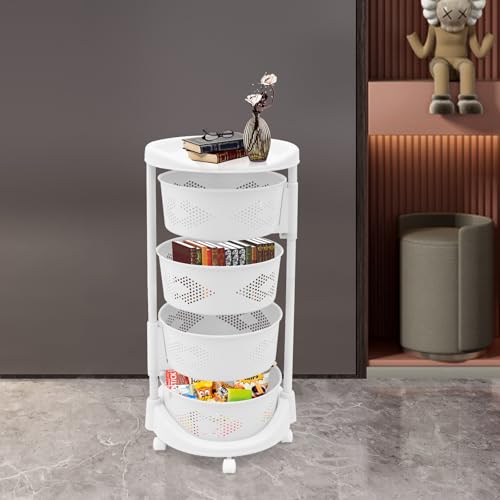 Multi-Layer Vegetable Rotating Basket Rack, Fruit Snack Storage Kitchen Organizer, White Storage Cart, Fruit Basket for Kitchen with 5 Lockable Casters, Vegetable Rack (4 Tiers) - size: 4 Tiers