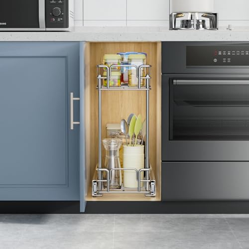 ROOMTEC Pull Out Spice Rack for Narrow Cabinet (8½" W X 21" D),2 Tier Slide Out Cabinet Organizer and Pull Out Shelves Under Cabinet Storage for Kitchen, Chrome - size: 8½" W x 21" D, 2 Tier
