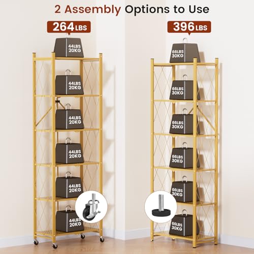 ALANNG 73.6 Inch Folding Bookshelf, 6 Tier Metal Bookcase and Bookshelves, Tall Shelves for Living Room Office Bedroom, Heavy Duty Book Shelve Free Standing Open (Gold, 1PACK) - color: Gold