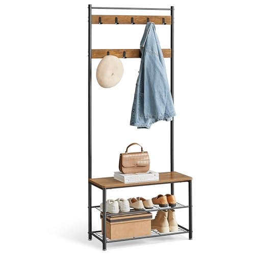 VASAGLE Coat Rack, Hall Tree with Shoe Storage Bench, Entryway Bench with Shoe Storage, 3-in-1, Steel Frame, for Entryway, 12.6 x 27.6 x 68.9 Inches, Industrial, Rustic Walnut and Black UHSR041B41 - color: Rustic Walnut + Black, size: 27.6"W