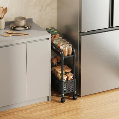 Slim Storage Cart, Kitchen Gap Storage, Multi-Layer Organizer with 360° Swivel Wheels for Kitchen Bathroom (Black,2 Tier) - color: Black, size: 2 Tier