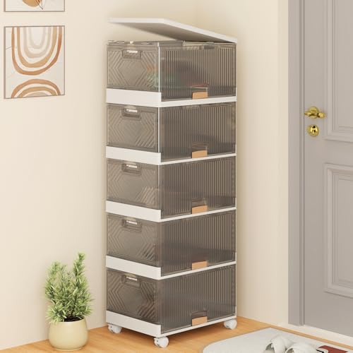 Giantex 5 Tier Stackable Storage Bins with Lids, 22.5 Gal Foldable Shoe Storage Box with Detachable Wheels & Flip-Up Doors, Collapsible Closet Organizers and Storage Bins - size: 22.5Gal-5Pack