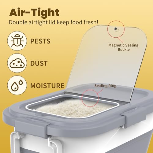 HOYTAMDA 20-30Lbs Rice Container,Collapsible Airtight Food Storage Containers with Wheels,Handle,Rice Storage Container with Small Bin and Scoop - color: Clear/20-30lbs
