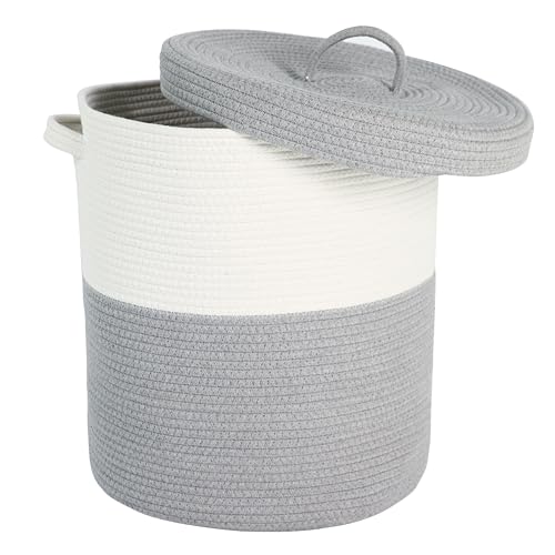 Large Storage Basket with Lid 60L, 16"Wx18"H Woven Laundry Hamper Basket with Handle, Room Decor Cotton Rope Wicker Basket Toy Organizer Bins for Clothes Blankets Pillows, Gray/White Mix includes Lid - color: Gray/White Mix-16"Wx18"H