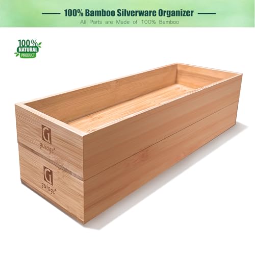 guiogc Set of 2 Bamboo Drawer Organizer, Stackable Utensil Organizer for Kitchen, Bamboo Storage Box Wood Silverware Tray for Drawer - size: 14.95" x 5.2" x 1.96"